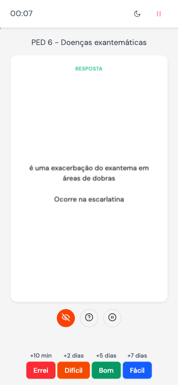 Interface mobile do MedFlip mostrando flashcard de revisão com opções de dificuldade